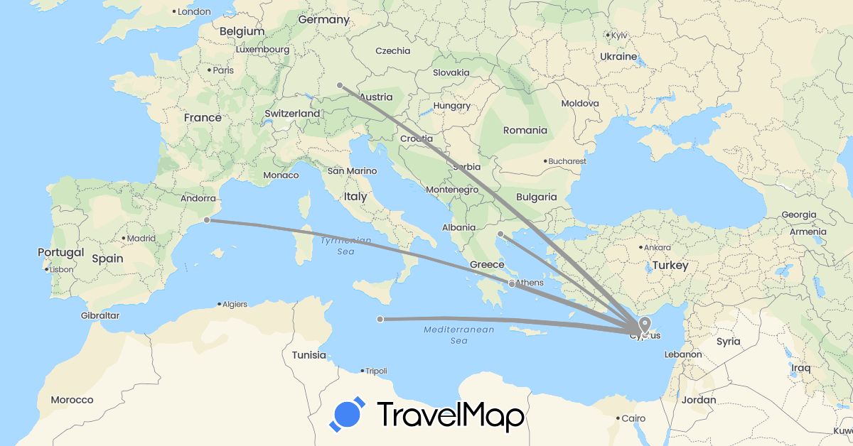 TravelMap itinerary: driving, plane in Cyprus, Germany, Spain, Greece, Malta (Asia, Europe)
